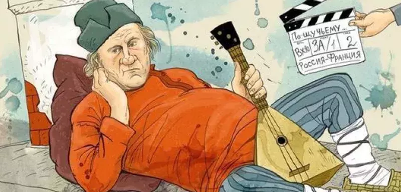 Gérard Depardieu, caricaturé sur Facebook en tenue traditionnelle de paysan russe. (DR)