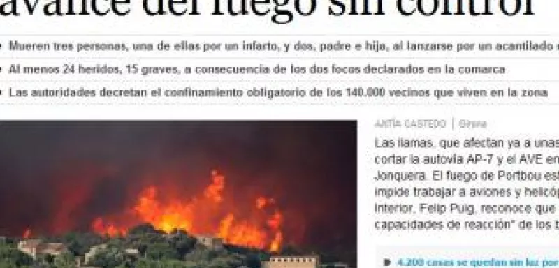 La Une du site du quotidien espagnol El Pais : «nuit d'angoisse à Gérone face à l'avancée incontrôlable du feu» elpais.com