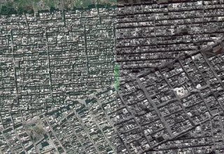 Vue aérienne d’un quartier d’Alep, avant (à gauche) et après (à droite) un bombardement en février 2013. (D R)  