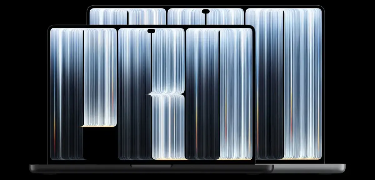 Deux MacBook Pro à écran OLED tactile, de face, dont les écrans affichent des bandes lumineuses