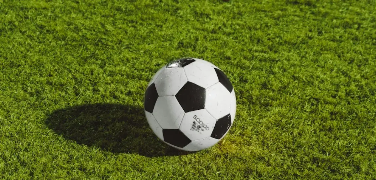 Ballon de football posé sur une pelouse au soleil