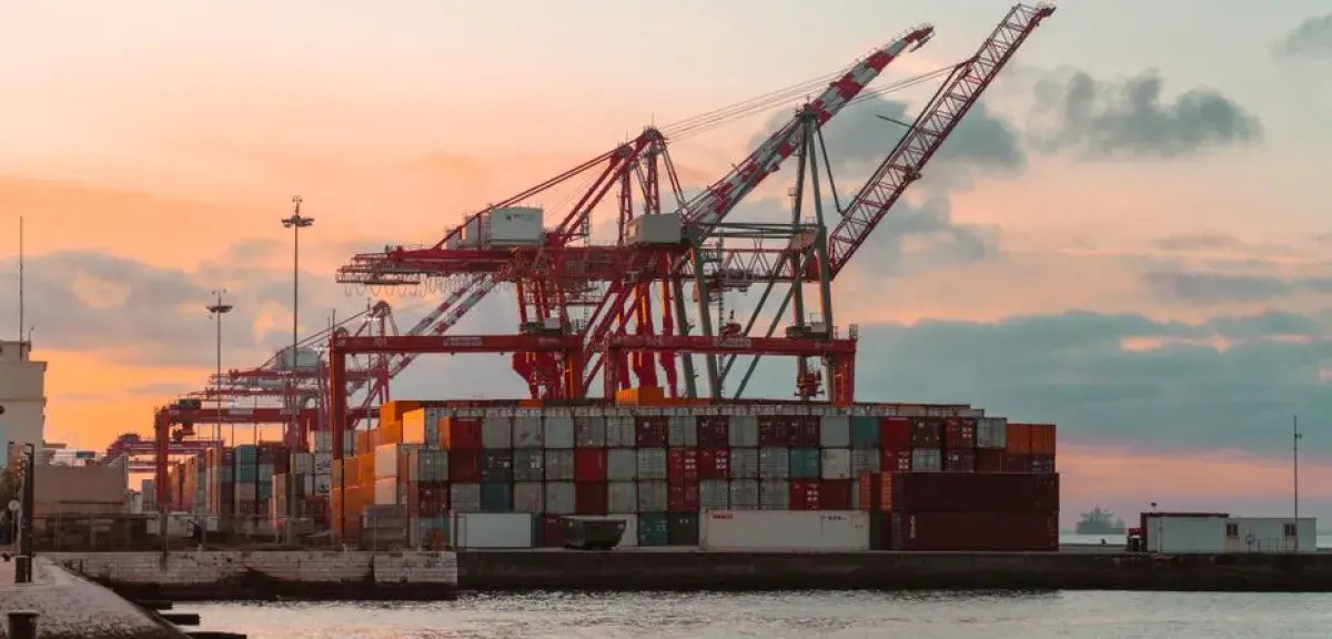 Grues de port et conteneurs au coucher du soleil