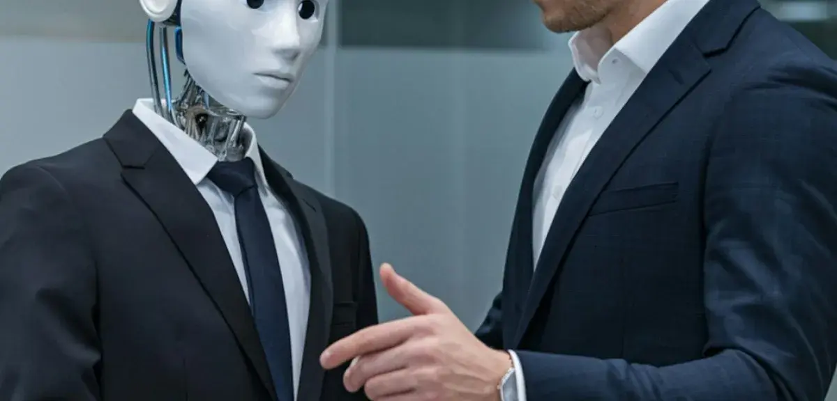 Un homme serre la main d’un robot, illustration de l’intelligence artificielle au travail