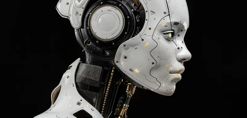 Robot humanoïde blanc sur fond noir illustrant l'IA physique