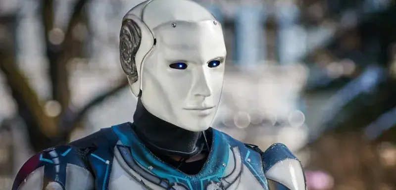 Robot humanoïde futuriste avec armure métallique et yeux LED bleus