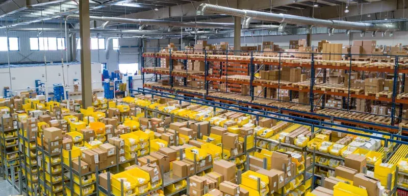 Colis de livraison e-commerce empilés dans un entrepôt logistique