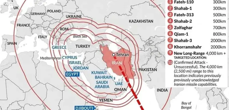 Carte montrant la portée des missiles iraniens et les pays potentiellement menacés