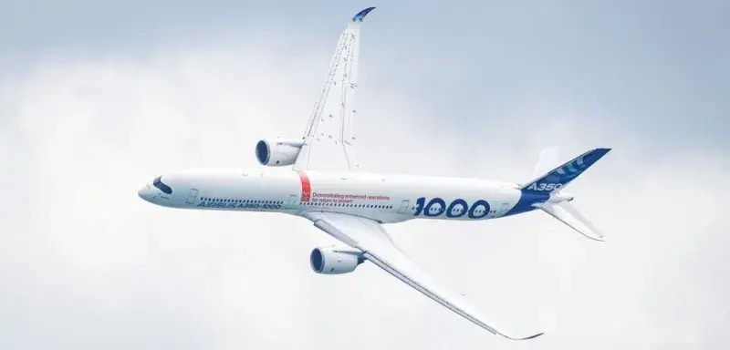 A stunning aerial view of an Airbus A350-1000 aircraft gliding against a cloudy sky.
