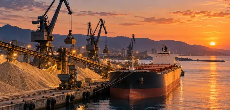 Illustration générée : port industriel méditerranéen avec grues, minerai sur le quai et cargo vraquier.