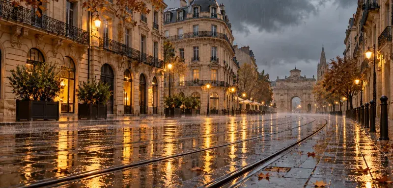 Illustration générée : rue de Montpellier sous une forte pluie, rails de tramway mouillés.