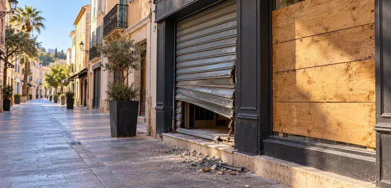 Illustration générée : boutique au rideau forcé et vitrine protégée par des planches dans une rue du sud de la France.