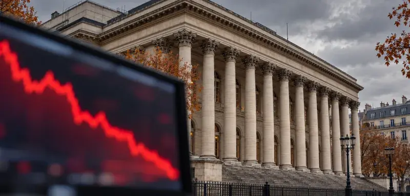 Illustration générée : façade du palais Brongniart à Paris et courbe de marché en baisse sur un écran flou.