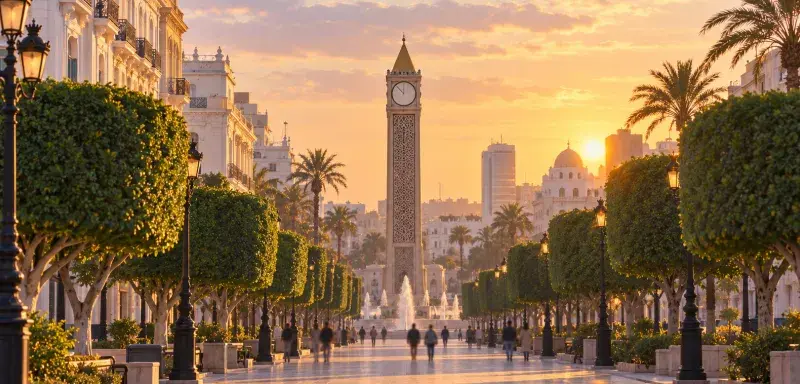 Illustration générée : avenue Habib-Bourguiba à Tunis avec une foule floue vue de loin.