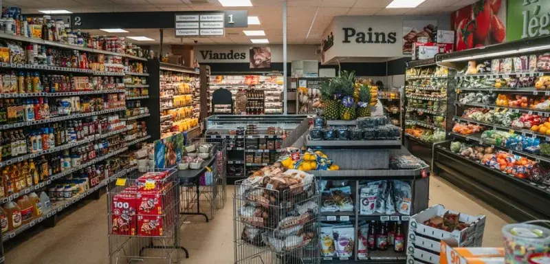 Wide view of a fully stocked grocery store aisle in Tadoussac, Québec, Canada.