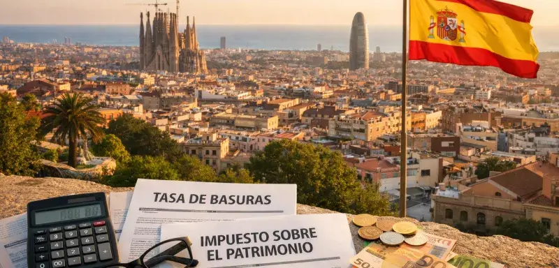 Vue de Barcelone au coucher du soleil avec documents fiscaux, euros et drapeau espagnol évoquant les nouvelles taxes en Espagne.