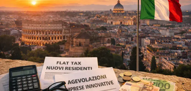 Vue panoramique de Rome au coucher du soleil avec le Colisée et le Vatican, symbolisant la nouvelle stratégie fiscale italienne pour 2026.