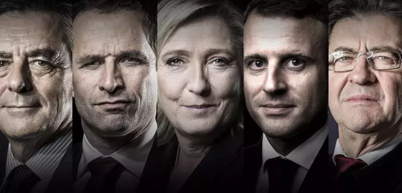 François Fillon (LR), Benoît Hamon (PS), Marine Le Pen (FN), Emmanuel Macron (En Marche) et Jean-Luc Mélenchon (La France Insoumise). (© TF1) François Fillon (LR), Benoît Hamon (PS), Marine Le Pen (FN), Emmanuel Macron (En Marche) et Jean-Luc Mélenchon (La France Insoumise). (© TF1)