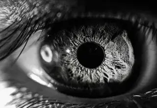 grayscale photography of person's eye