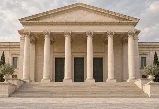 Illustration générée : façade à colonnes d'un palais de justice provençal, marches en pierre.