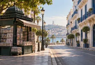 Illustration générée : kiosque à journaux dans une rue d'Alger aux façades blanches.