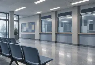 Illustration générée : hall d'accueil vide d'une administration, guichets fermés et fauteuils d'attente.