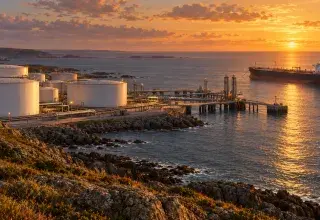 Illustration générée : terminal pétrolier côtier avec réservoirs de stockage et pétrolier au large.