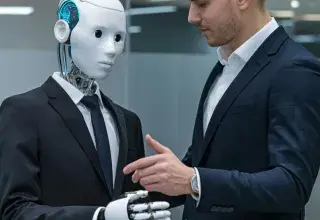 Un homme serre la main d’un robot, illustration de l’intelligence artificielle au travail