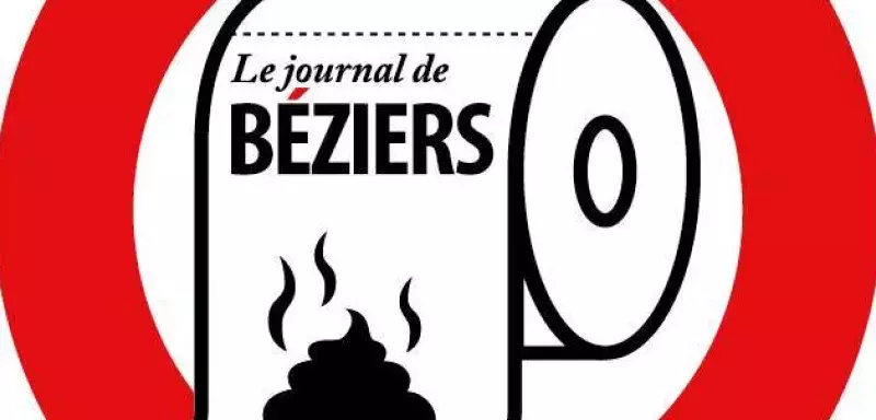 ''Non merci'', est-il en grande lettres blanches sur un cercle rouge qui présente en son sein un rouleau de PQ estampillé du nom ''Le journal de Béziers'' avec le symbole d'un étron malodorant. 