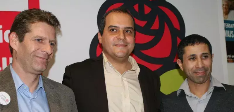 Hussein Bourgi, ici au milieu des deux candidats éliminés au premier tour, l'emporte avec un score écrasant estimé à 56%. (DR)