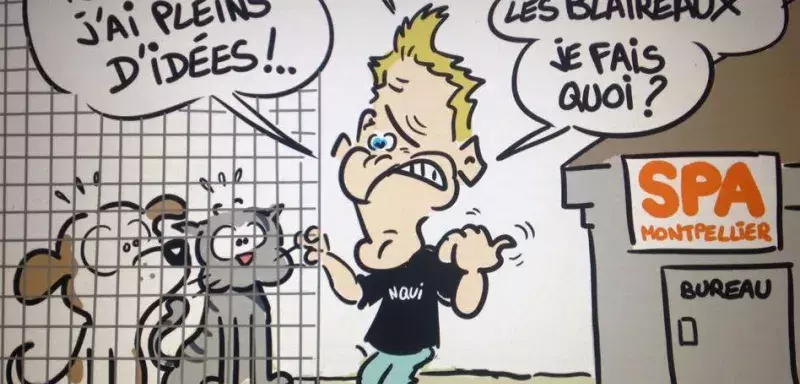 Quand le dessinateur croque Rémi Gaillard et la SPA de Montpellier. ( © Dadou)