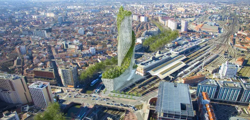 Situé à proximité immédiate de la gare Matabiau, le projet prend la forme d’une tour de 40 étages et 150 m de hauteur. (© Studio Libeskind/Compagnie de Phalsbourg)