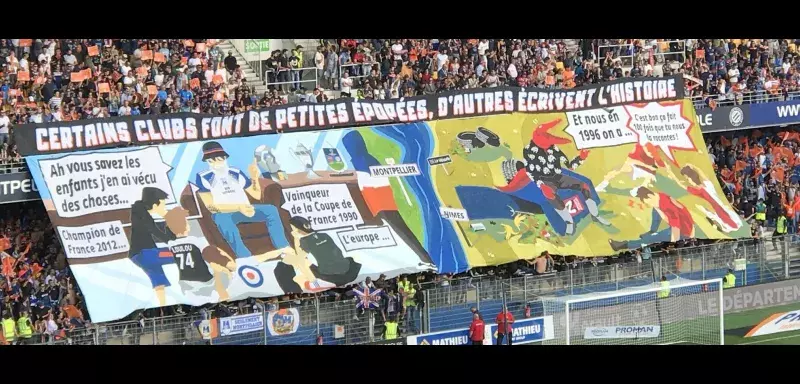 Magnifique tifo montpelliérain présenté aux yeux de toutes et tous, là où il n’y avait plus rien depuis le début de la saison, discrétion et code ultra oblige !