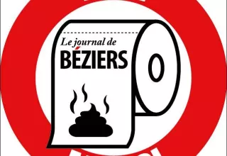 ''Non merci'', est-il en grande lettres blanches sur un cercle rouge qui présente en son sein un rouleau de PQ estampillé du nom ''Le journal de Béziers'' avec le symbole d'un étron malodorant. 