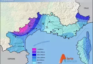 Carte des cumuls de précipitation attendus sur le pourtour méditerranéen d'ici samedi 15 octobre (© Alerte Méditerranée)