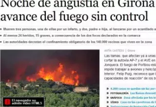 La Une du site du quotidien espagnol El Pais : «nuit d'angoisse à Gérone face à l'avancée incontrôlable du feu» elpais.com